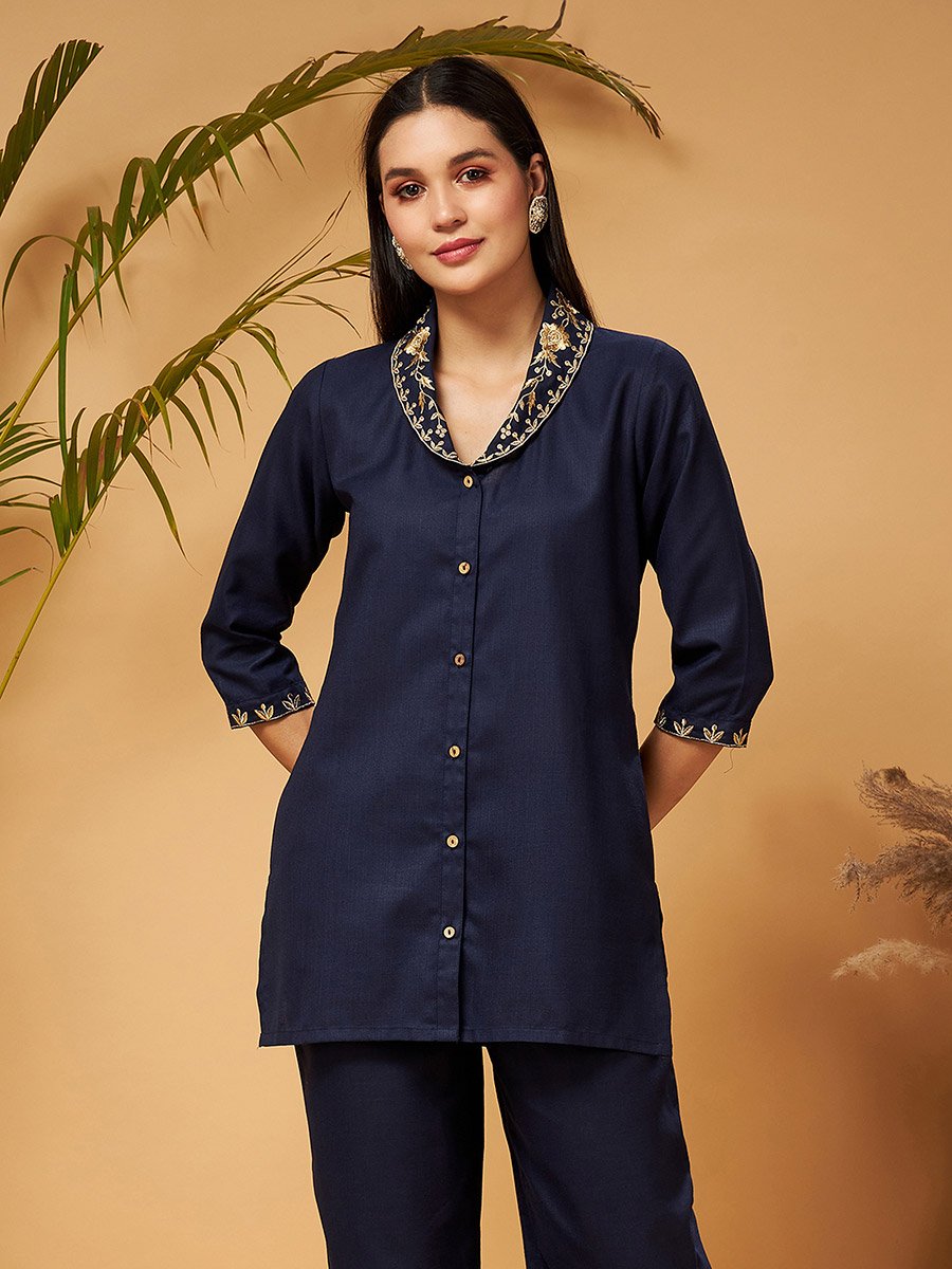 Zari Embroidered Shawl Collar Top and Palazzos Co-Ords