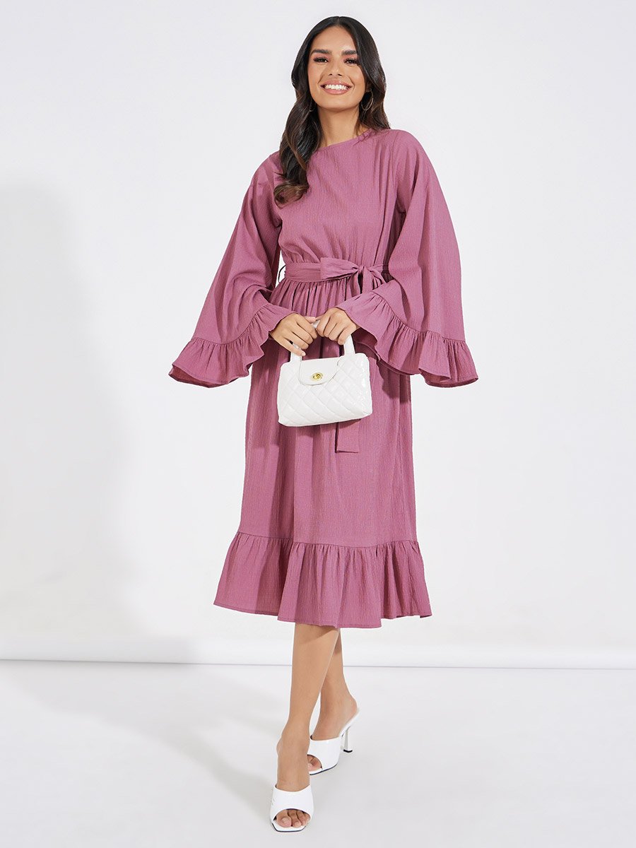 فستان ميدي بأكمام فلوت مع رباط خصر