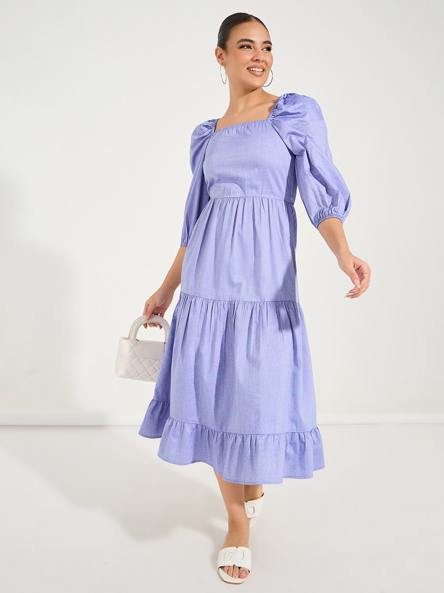 Square Neck Tiered Midi Dress with Puff Sleeves