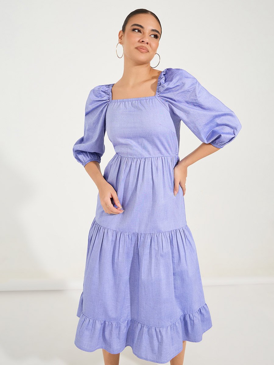 Square Neck Tiered Midi Dress with Puff Sleeves