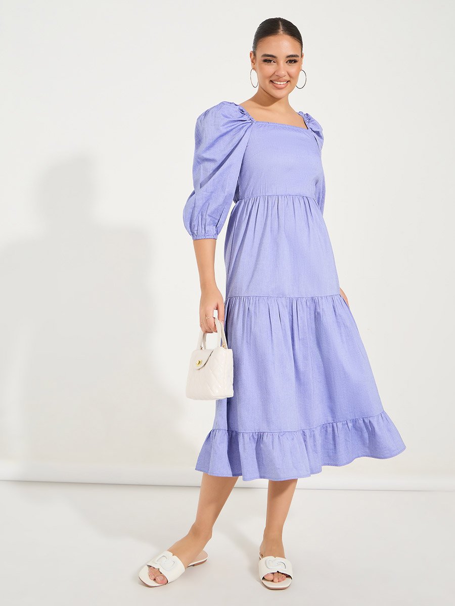 Square Neck Tiered Midi Dress with Puff Sleeves