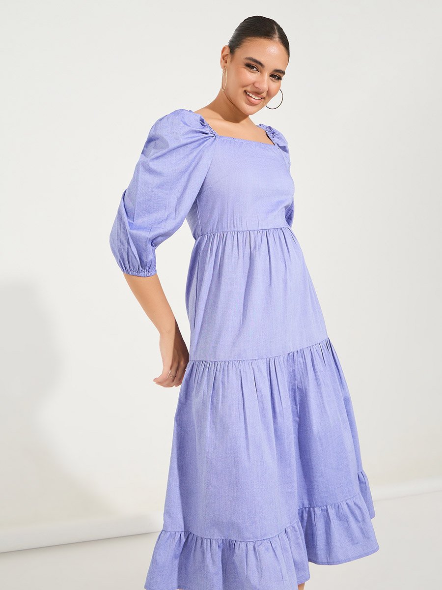 Square Neck Tiered Midi Dress with Puff Sleeves
