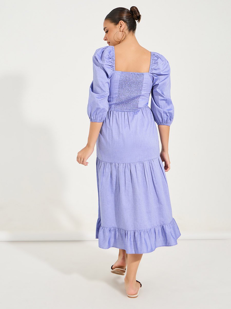 Square Neck Tiered Midi Dress with Puff Sleeves