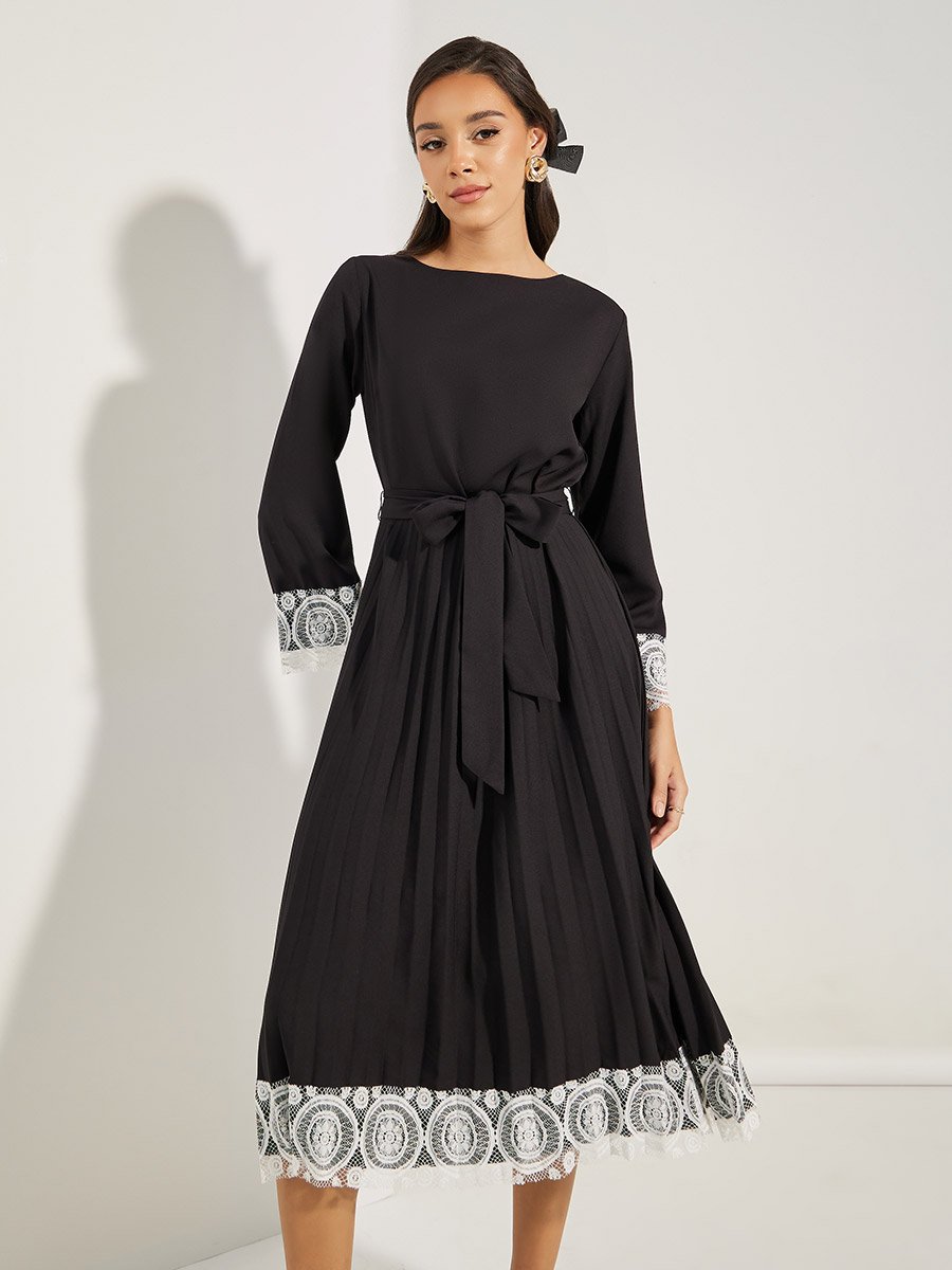 Lace Insert Pleated Hem Midi Dress