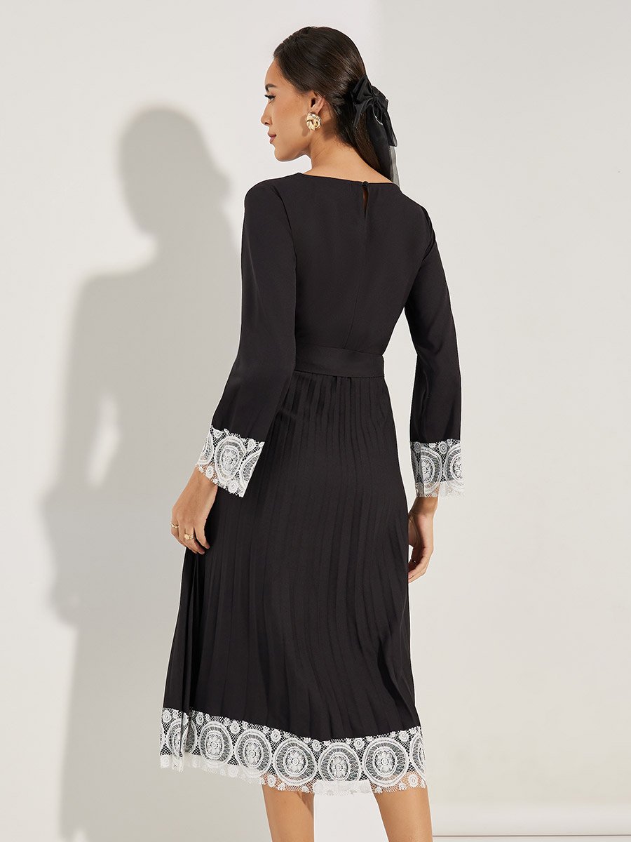 Lace Insert Pleated Hem Midi Dress