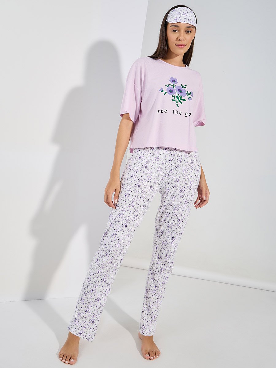 Floral Graphic Drop Shoulder T-Shirt and All Over Print Pyjama Set For ...