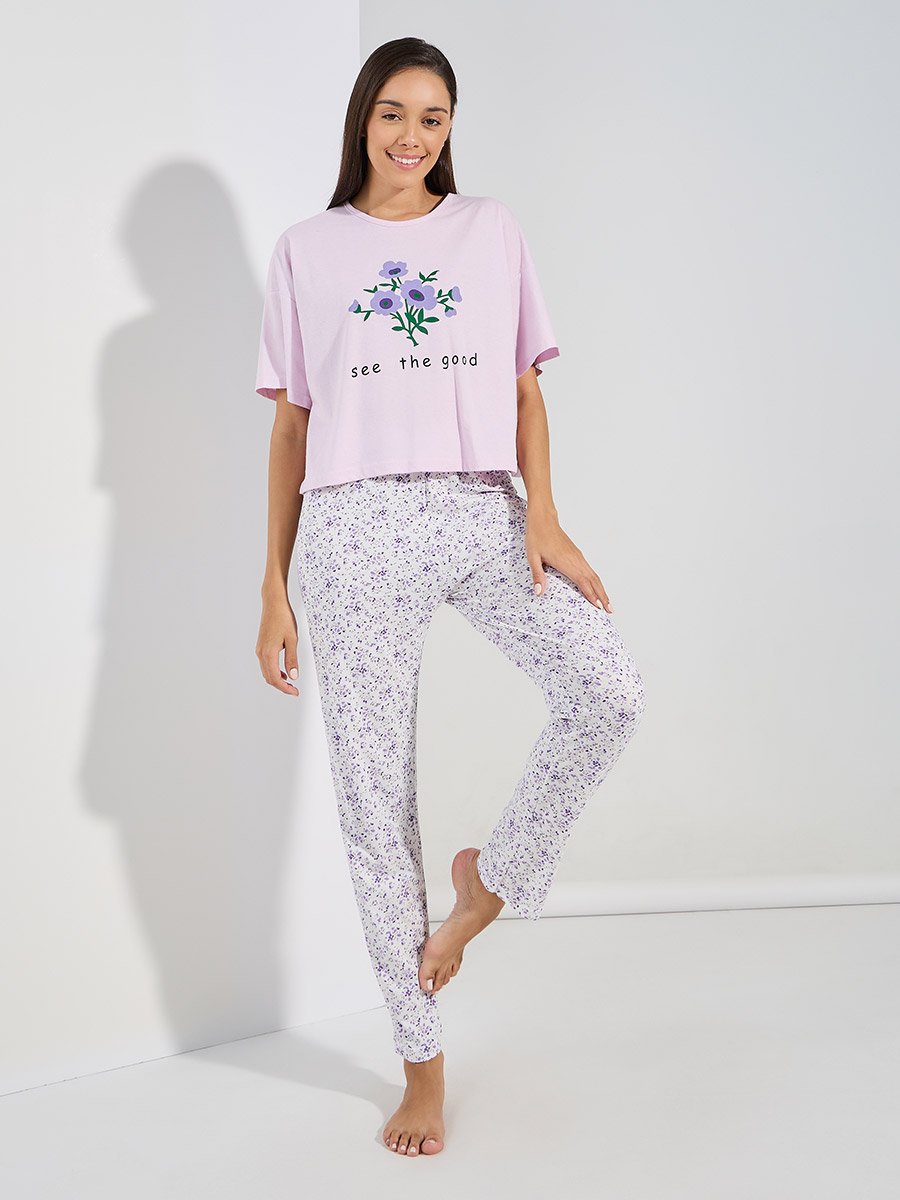 Floral Graphic Drop Shoulder T-Shirt and All Over Print Pyjama Set