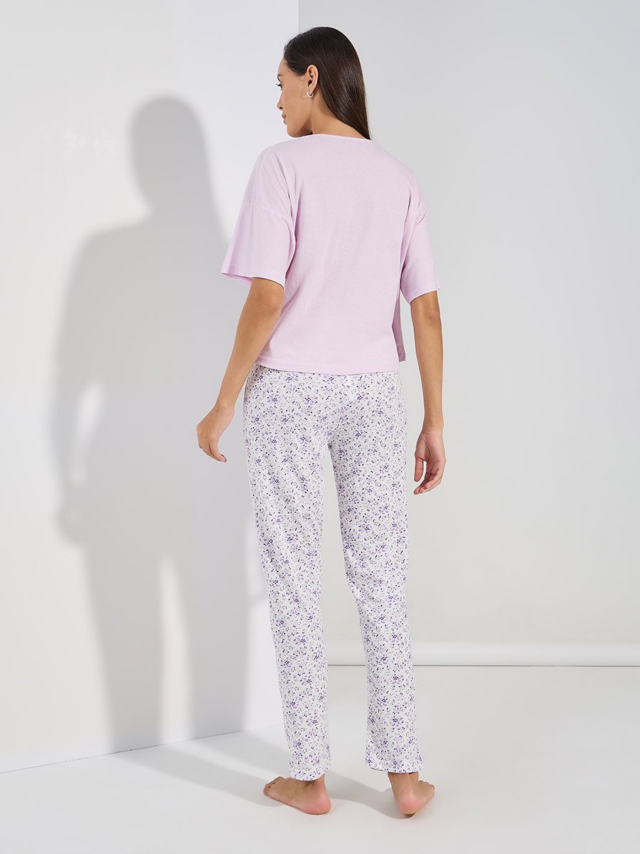Floral Graphic Drop Shoulder T-Shirt and All Over Print Pyjama Set