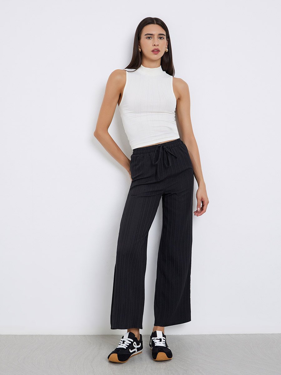 Textured Wide Leg Pants with Drawstring
