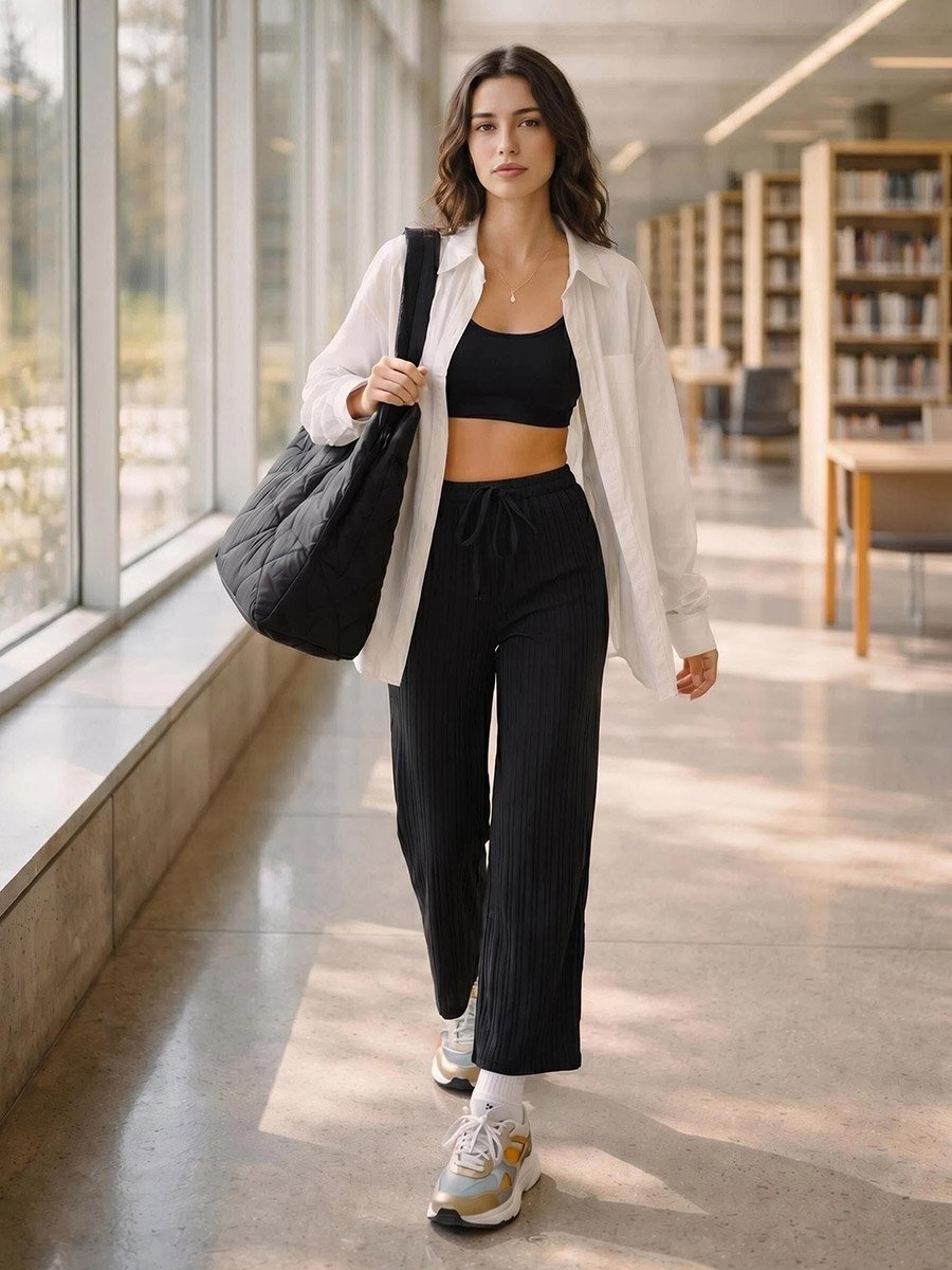 Textured Wide Leg Pants with Drawstring