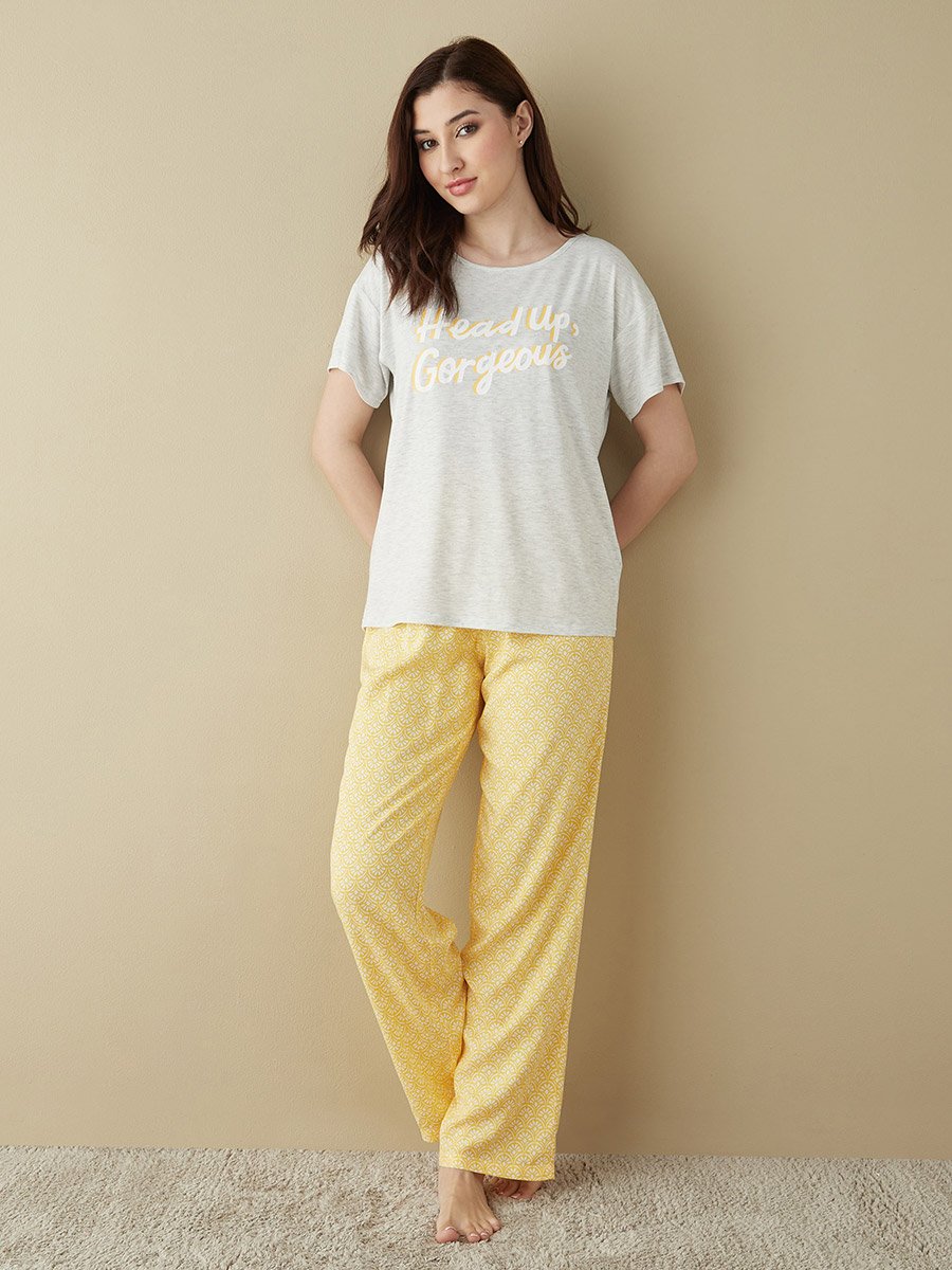 Typography Print T-Shirt and All Over Print Pyjama Set