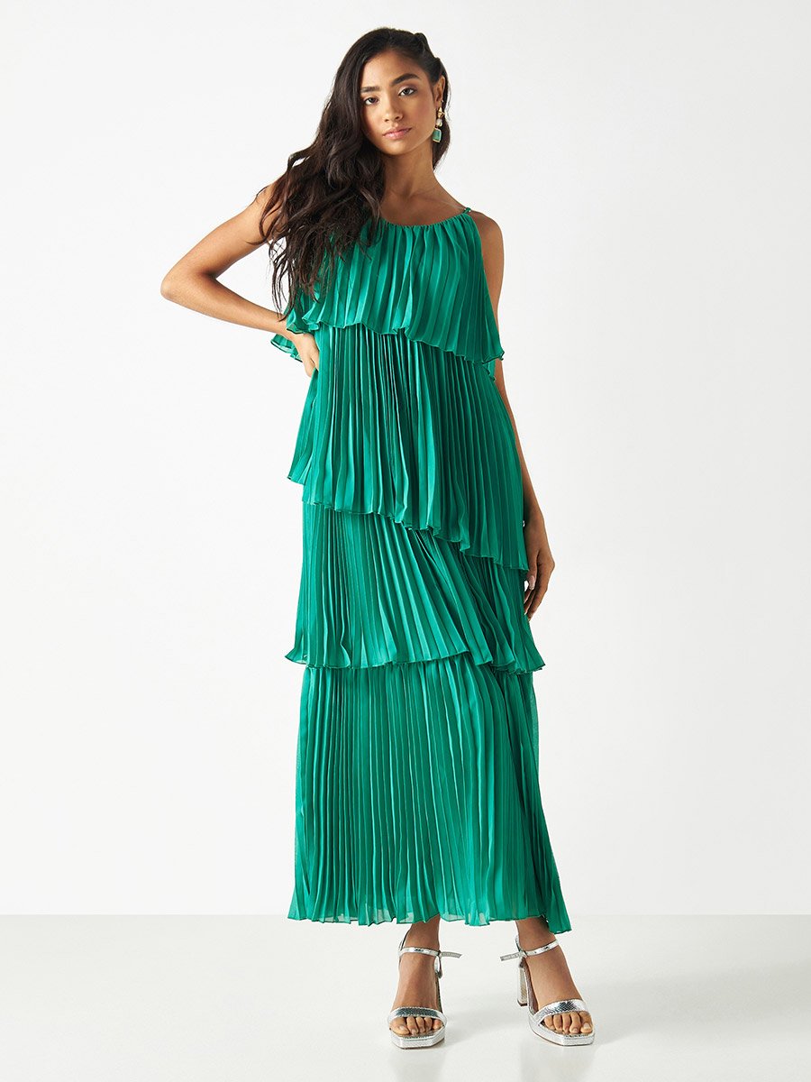 Layered Maxi Dress Strappy Pleated Dress New American Eagle Womens Medium  Hot Pink Strappy Tiered Pleated