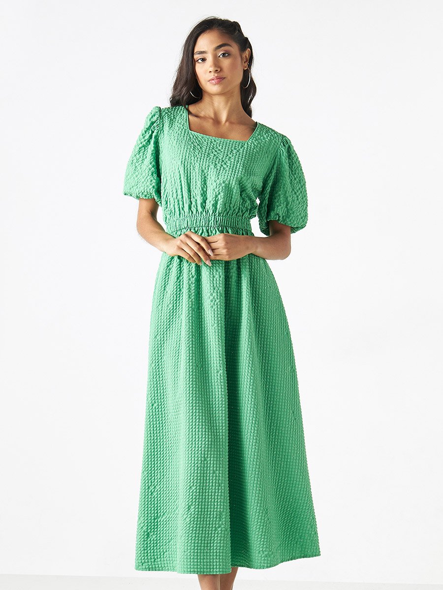 Waffle Textured Maxi Dress with Puff Sleeves For Women at Saudi | Styli