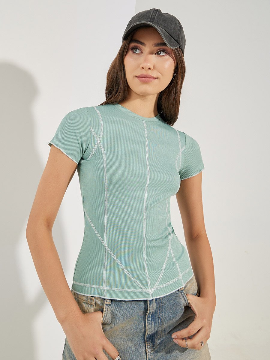 Contrast Stitch Detail Ribbed T-Shirt
