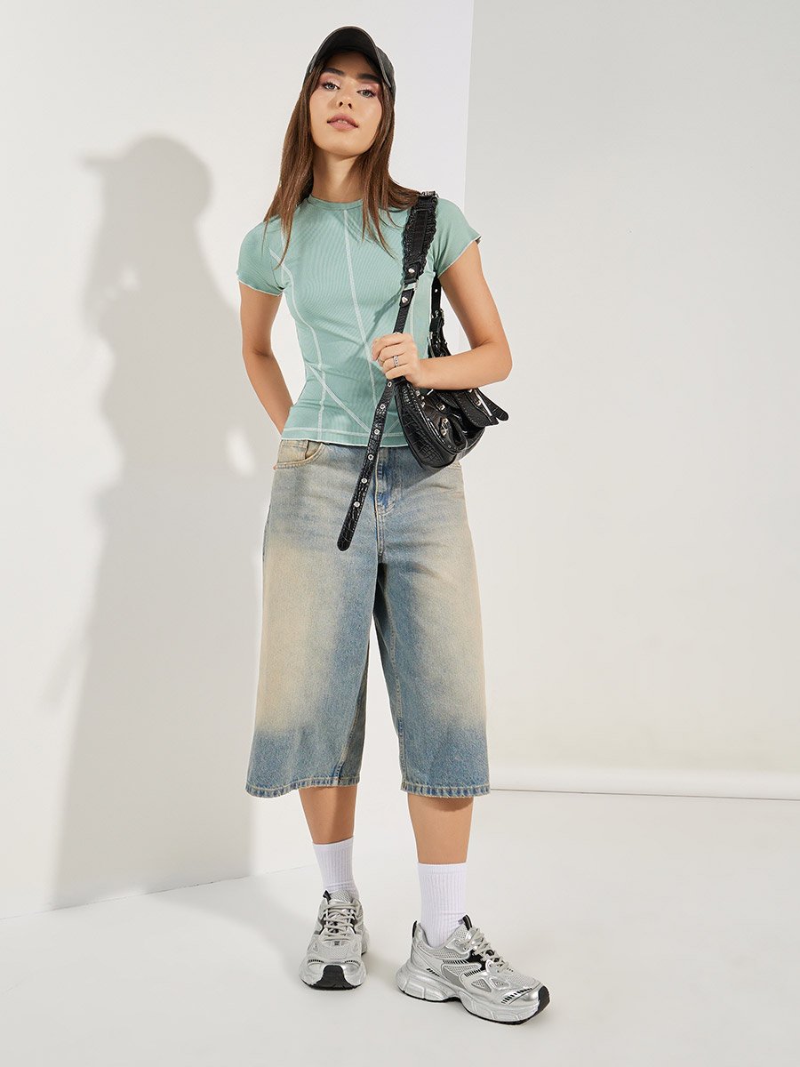 Contrast Stitch Detail Ribbed T-Shirt