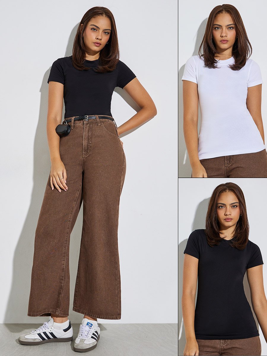 Pack of 2 - Cotton Stretch Fitted High Neck T-Shirt