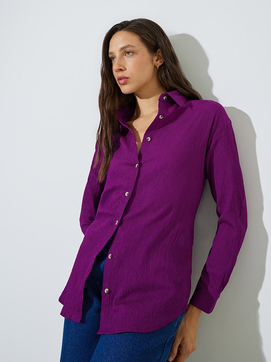 Dark Purple Oversized Creased Longline Shirt