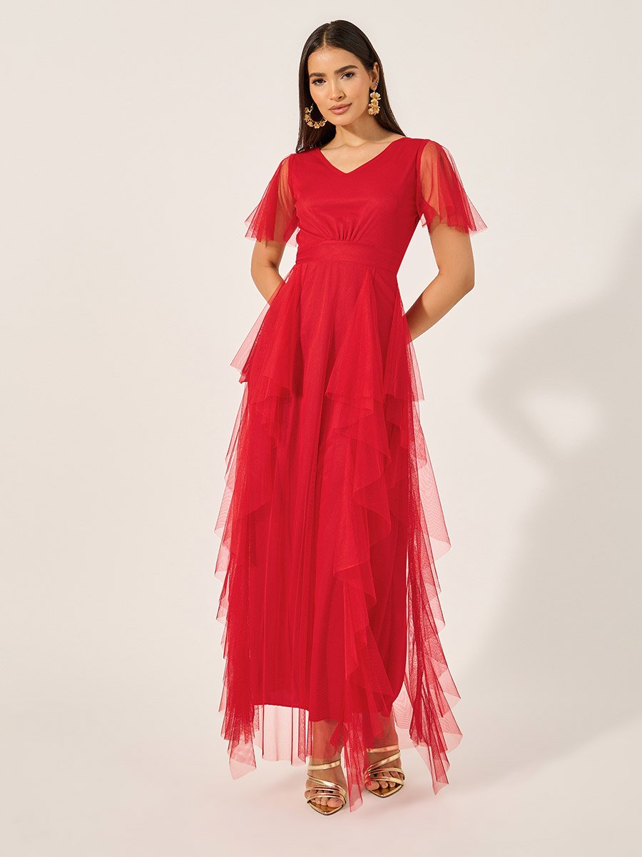Mesh Insert Layered A-Line Maxi Dress