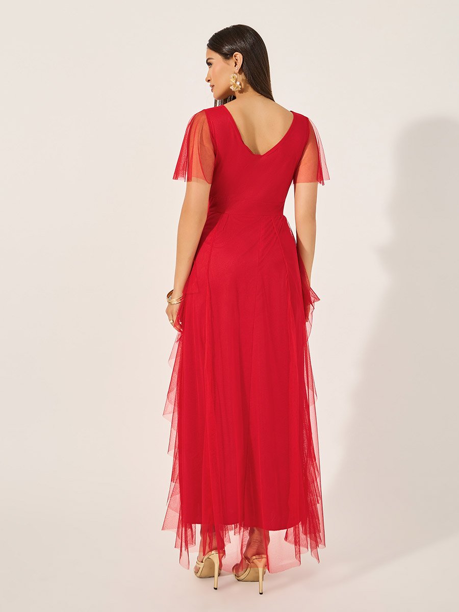 Mesh Insert Layered A-Line Maxi Dress