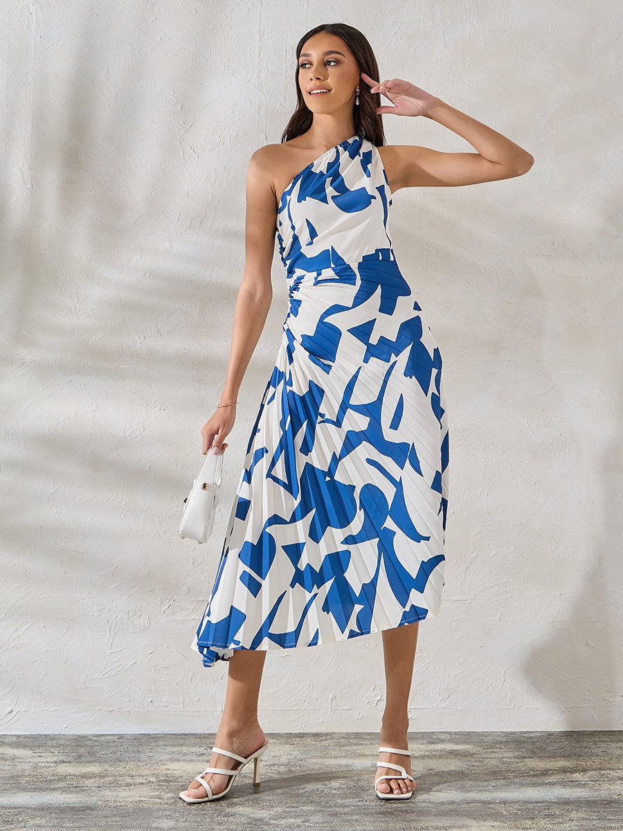 Abstract Print One Shoulder Neck Pleated A-Line Midi Dress For Women at  Kuwait | Styli
