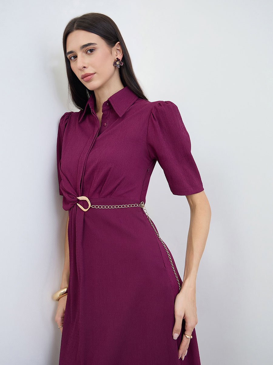 Burgundy Puff Sleeve Shirt Maxi Dress with Chain Belt