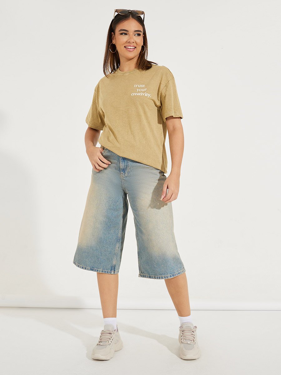 Acid Wash Oversized Slogan Print 100% Cotton T-Shirt