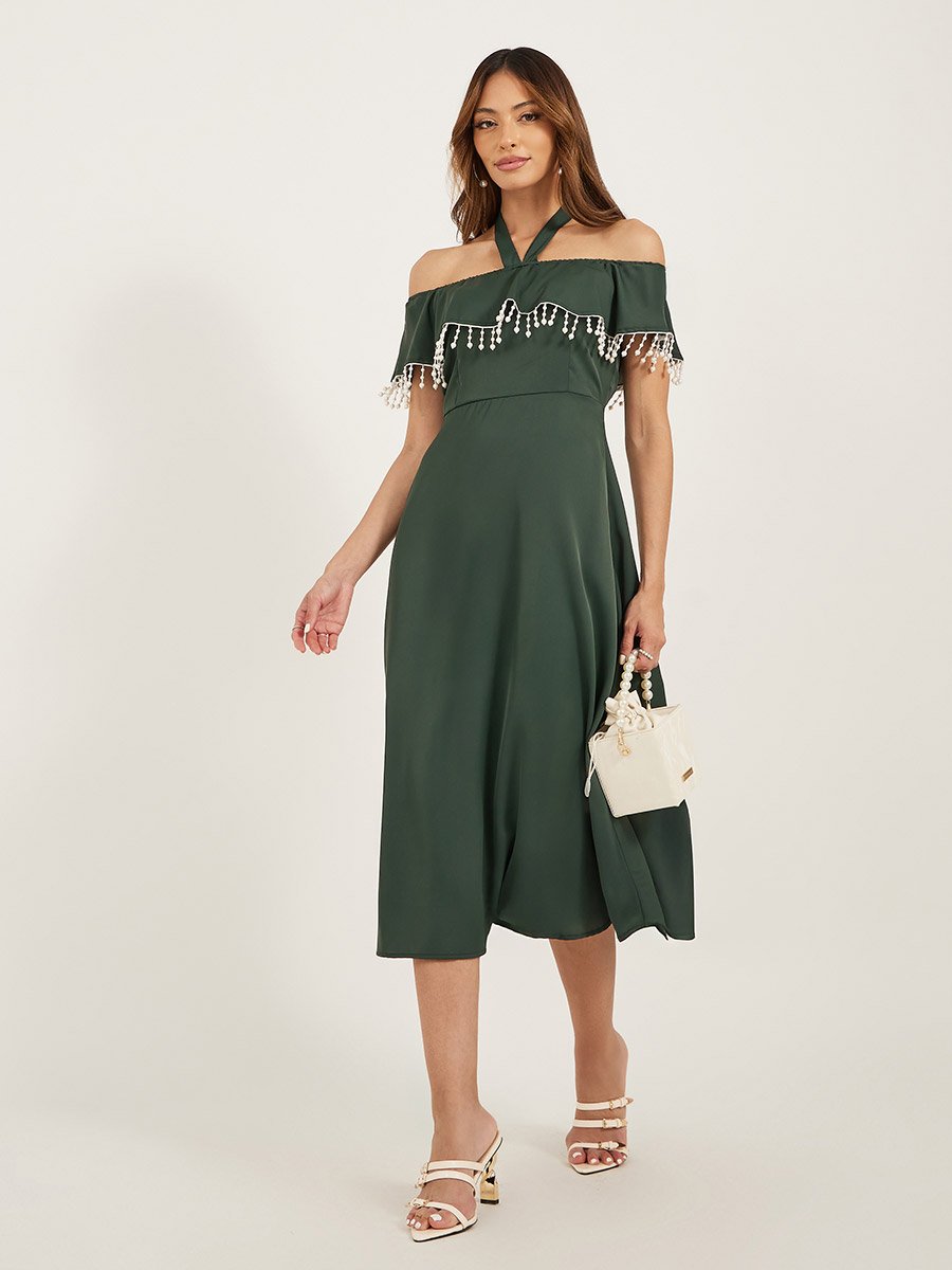 Halter Cold Shoulder Embellished Midi Dress