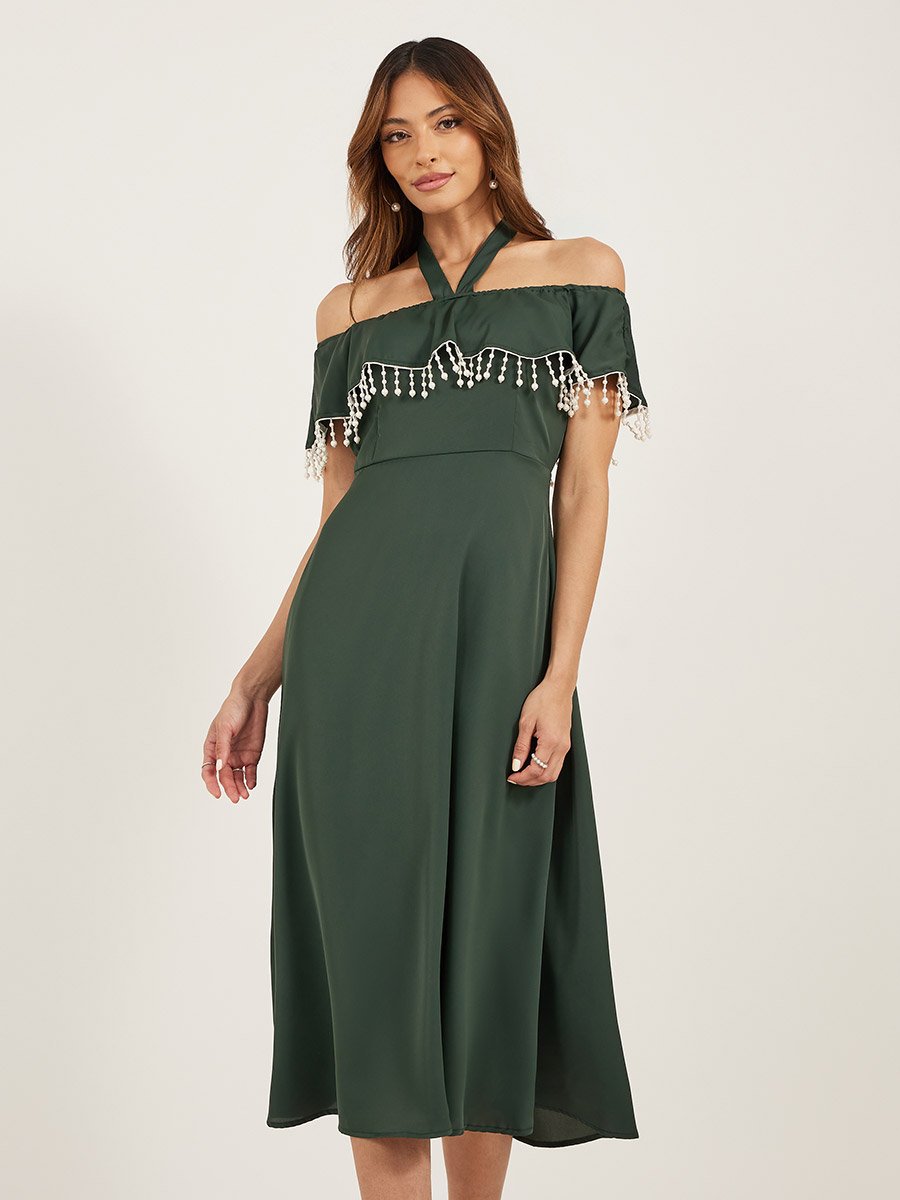 Halter Cold Shoulder Embellished Midi Dress