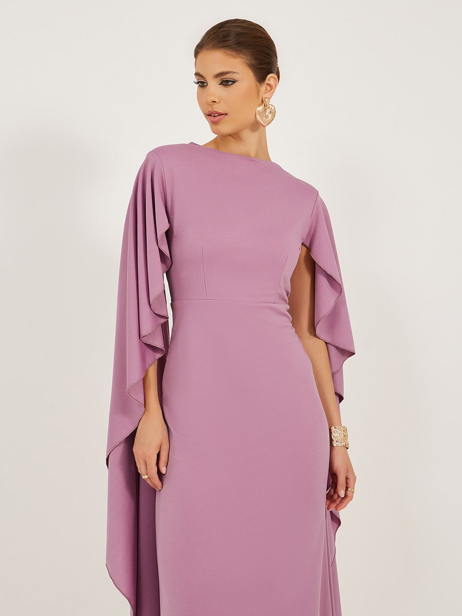 Solid Cape Sleeves Mermaid Hem Maxi Dress