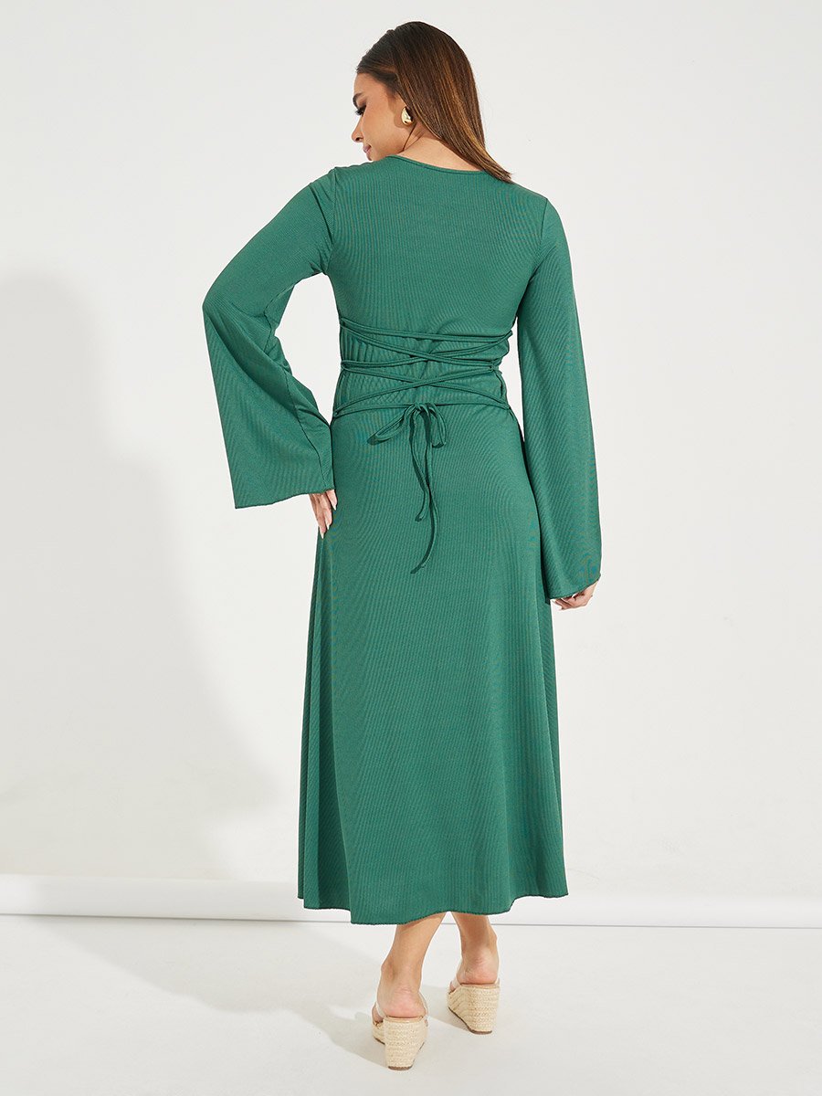 knee length dresses for ladies SALMA Fluted Sleeve Micro Rose Button Midi Dress in Pink