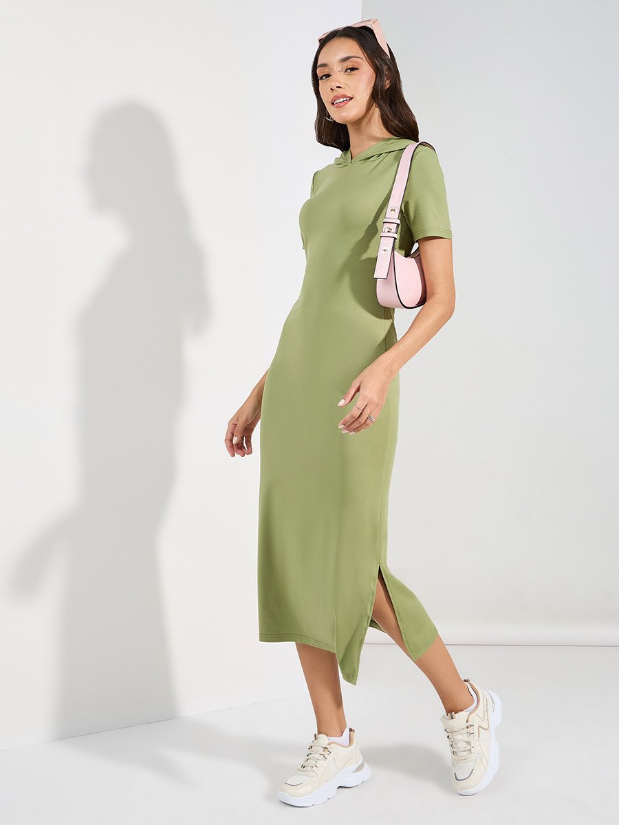 Hooded T-Shirt Midi Dress with Side Slit For Women at UAE | Styli