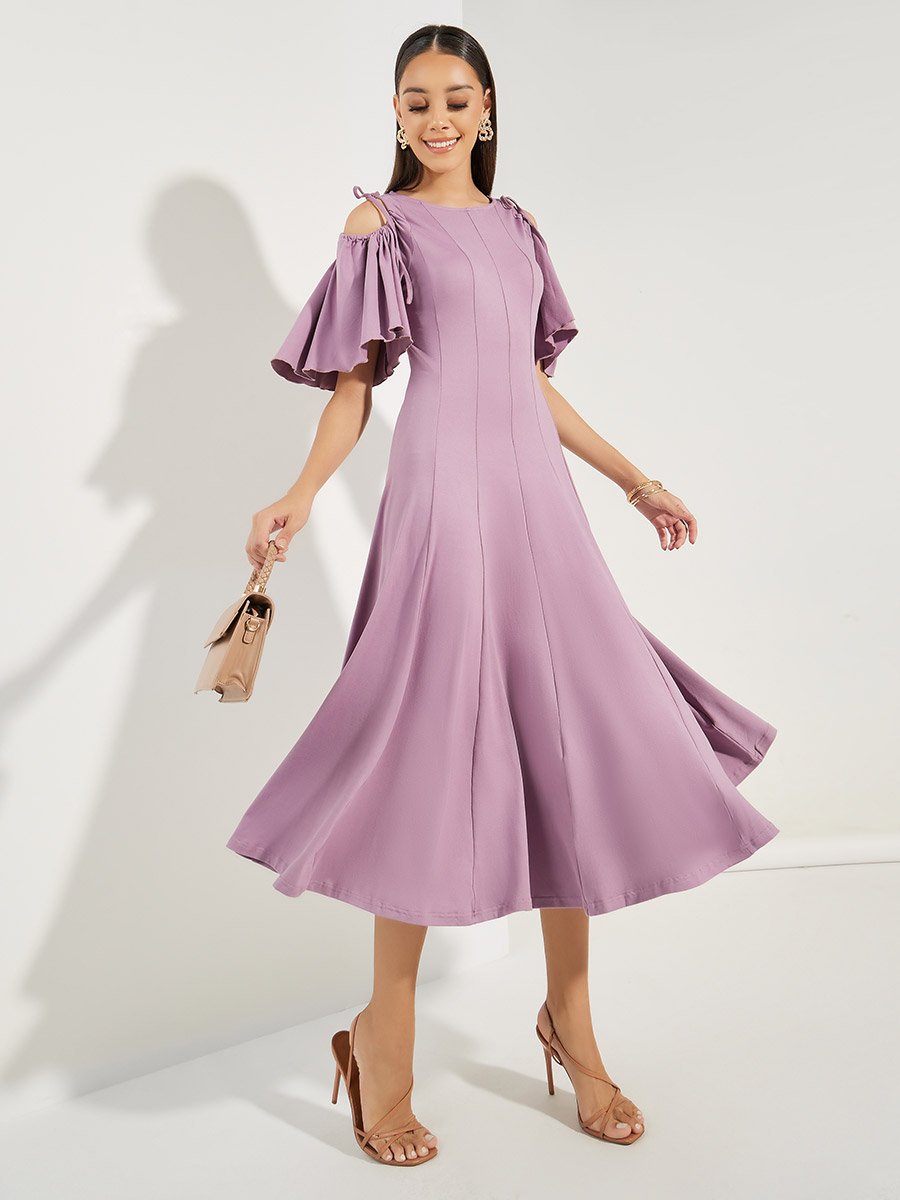 Off Shoulder Plisse Detail A-Line Midi Dress For Women at Bahrain | Styli
