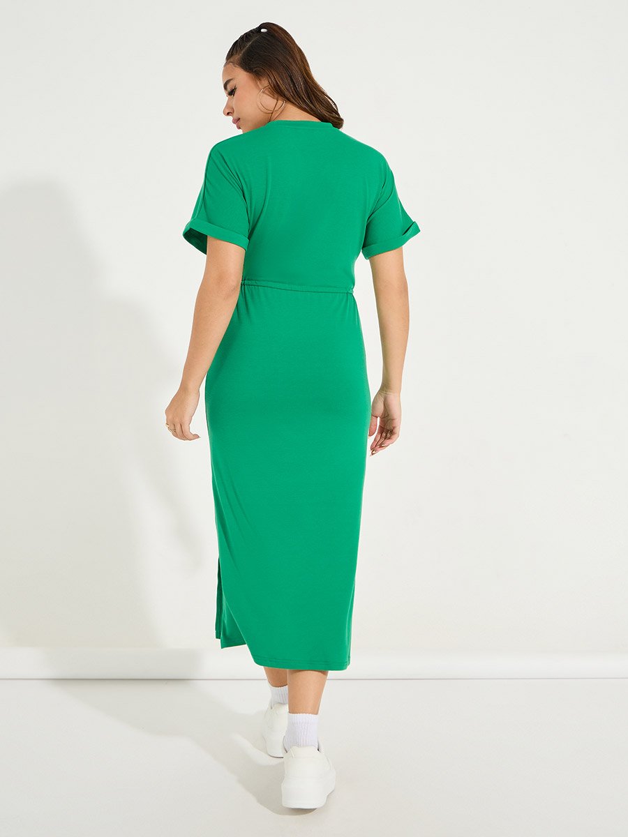 knee length dresses for ladies SHORT SLEEVE SIDE SLIT DETAIL KNIT T-SHIRT MIDI DRESS: LIGHT DENIM main image 1
