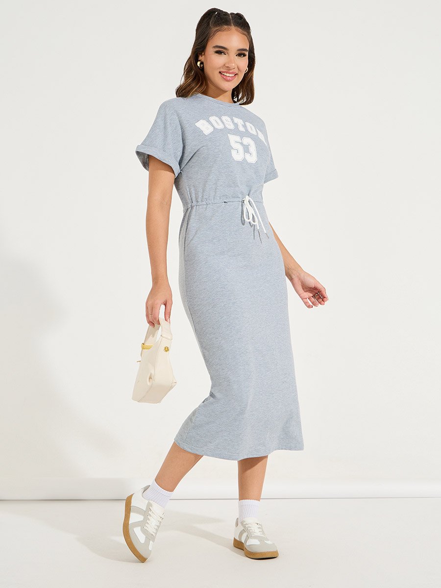 Varsity Print T-Shirt Midi Dress with Side Slit For Women at UAE | Styli