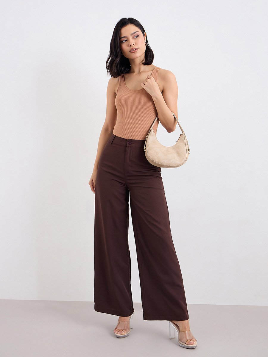 Brown Solid Wide Leg Pants