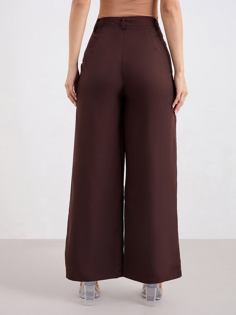 Brown Solid Wide Leg Pants
