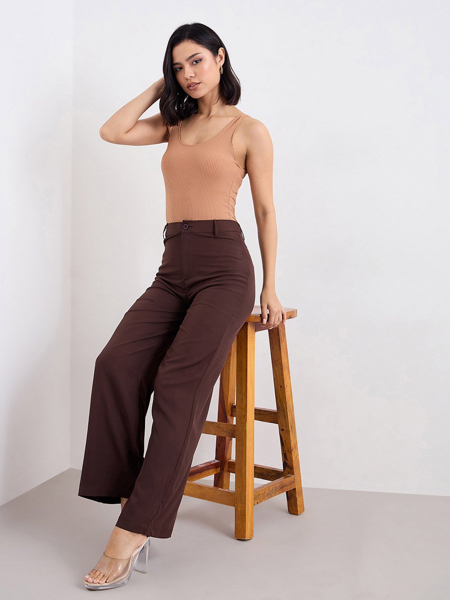 Brown Solid Wide Leg Pants