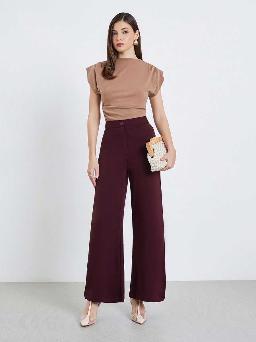 Burgundy Solid Wide Leg Pants