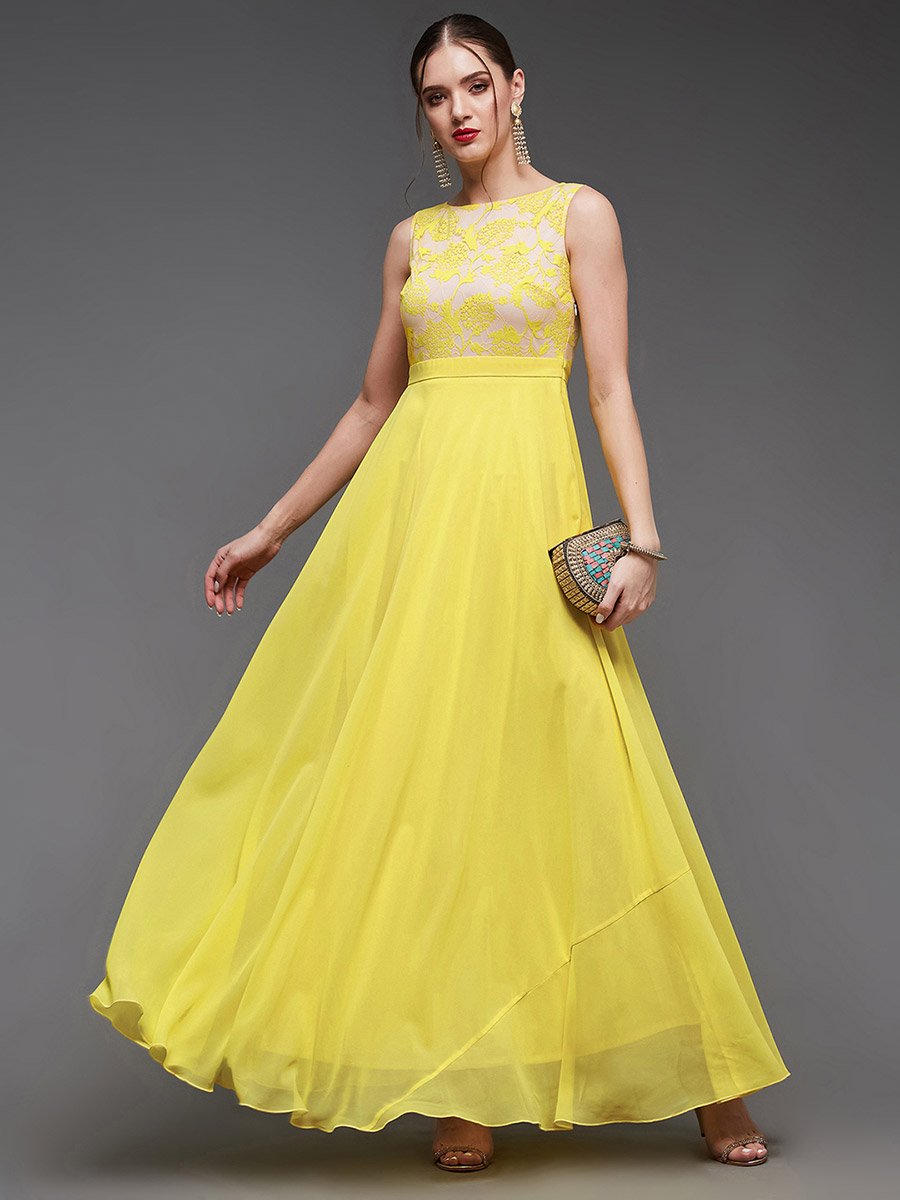 Lace Yoke Sleeveless A-Line Maxi Dress
