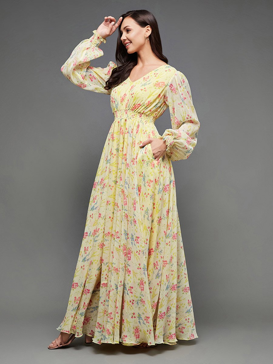 Floral Print V Neck Maxi Dress with Bishop Sleeve