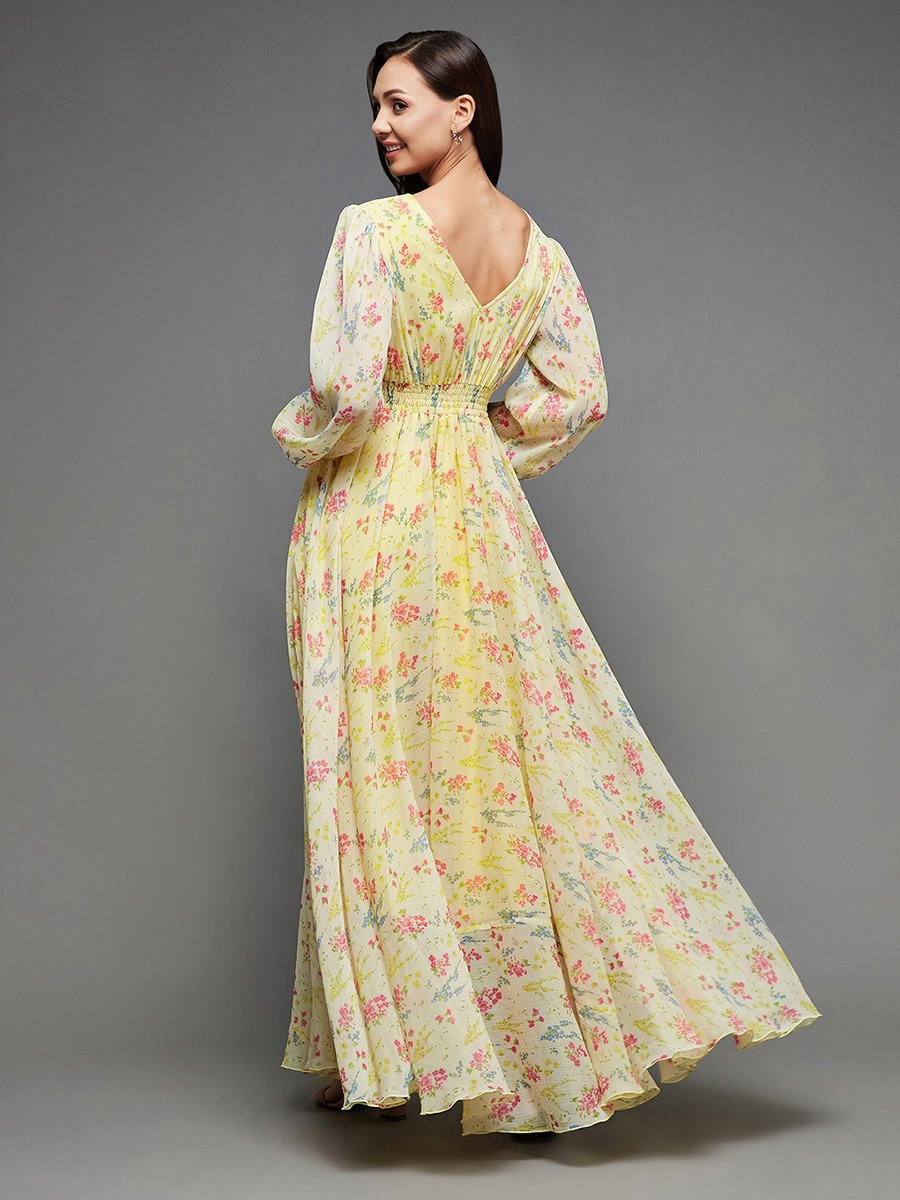Floral Print V Neck Maxi Dress with Bishop Sleeve