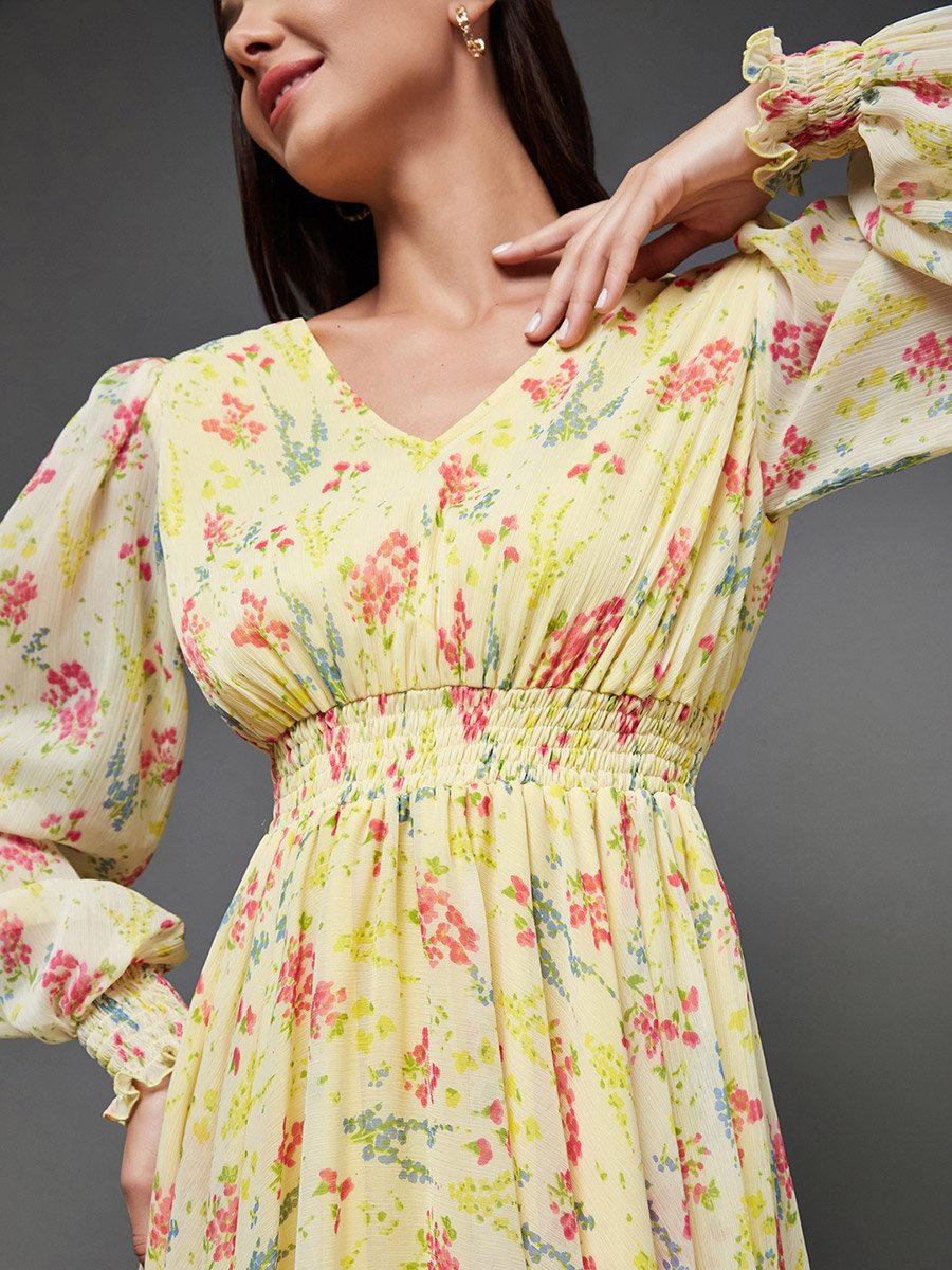 Floral Print V Neck Maxi Dress with Bishop Sleeve