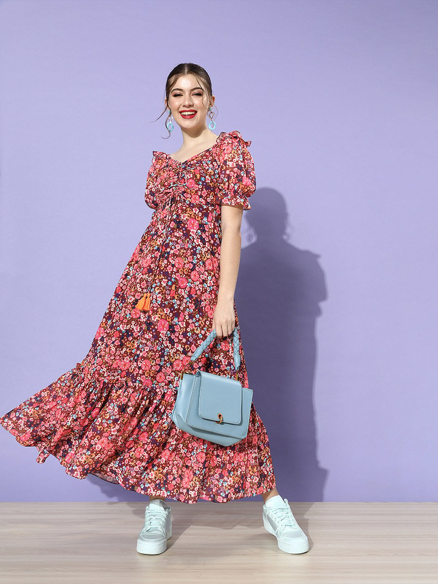 Ruched Floral Print Maxi Dress with Puffed Sleeves