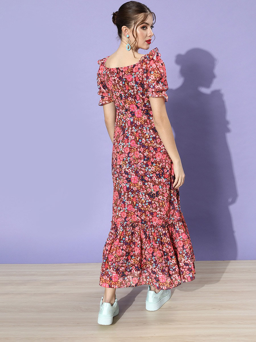Ruched Floral Print Maxi Dress with Puffed Sleeves