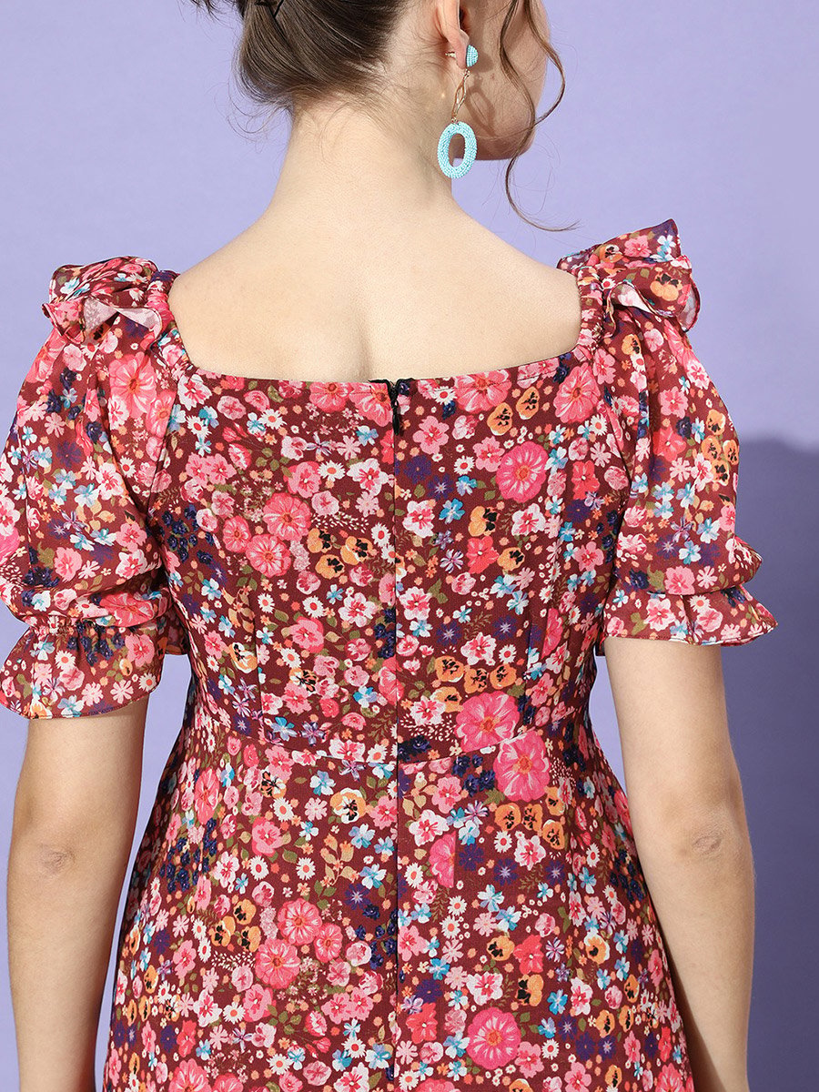 Ruched Floral Print Maxi Dress with Puffed Sleeves