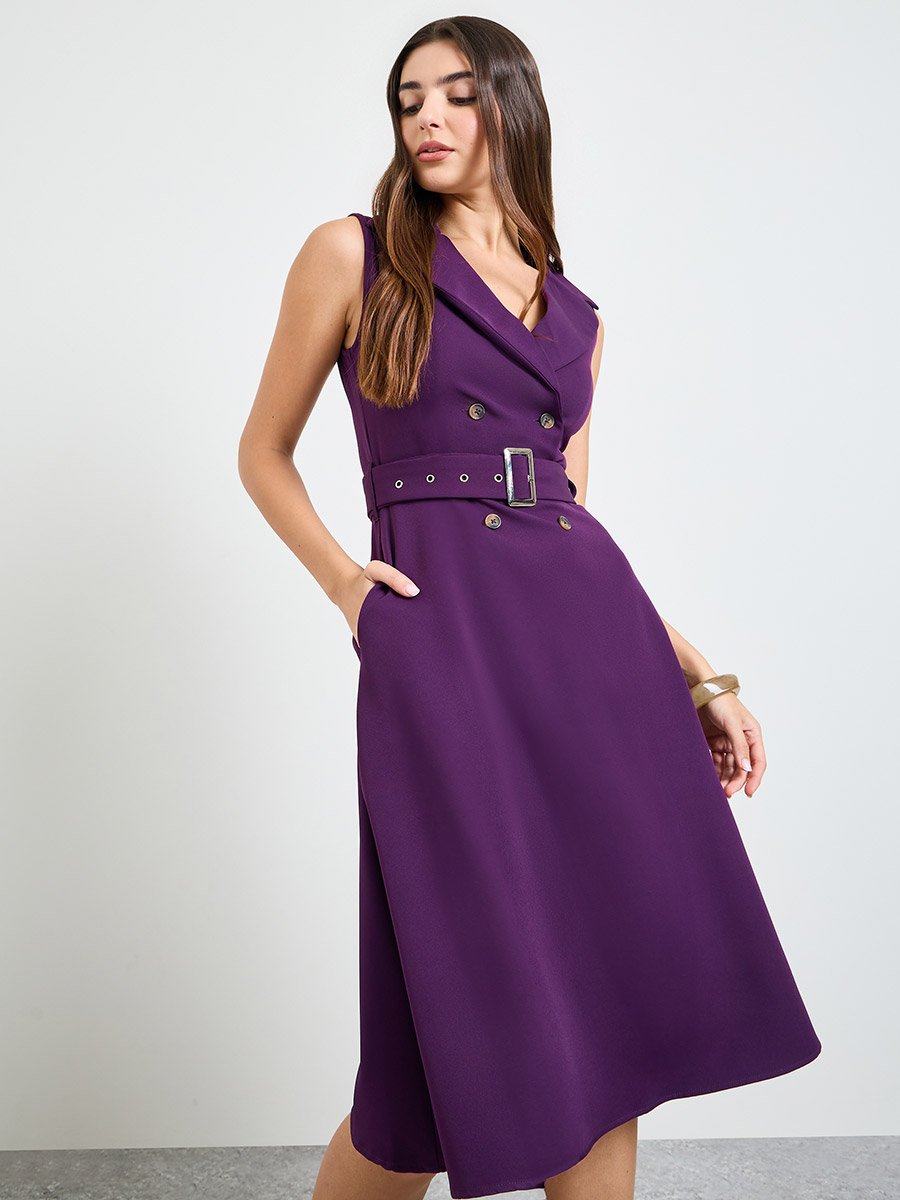 Purple Sleeveless Blazer Midi Dress with Belt
