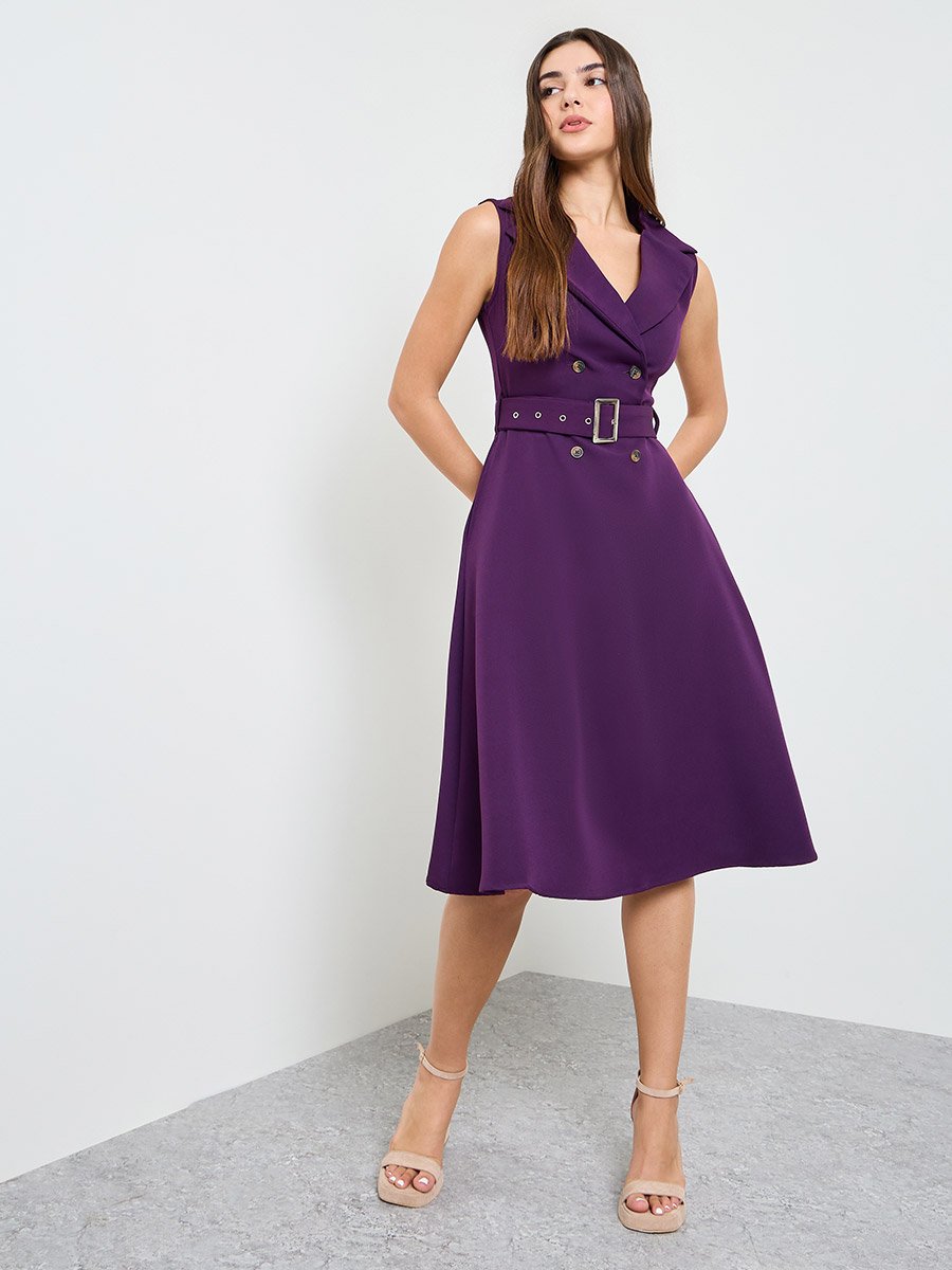 Purple Sleeveless Blazer Midi Dress with Belt