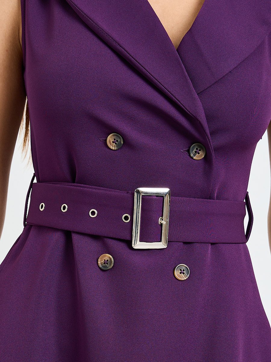Purple Sleeveless Blazer Midi Dress with Belt