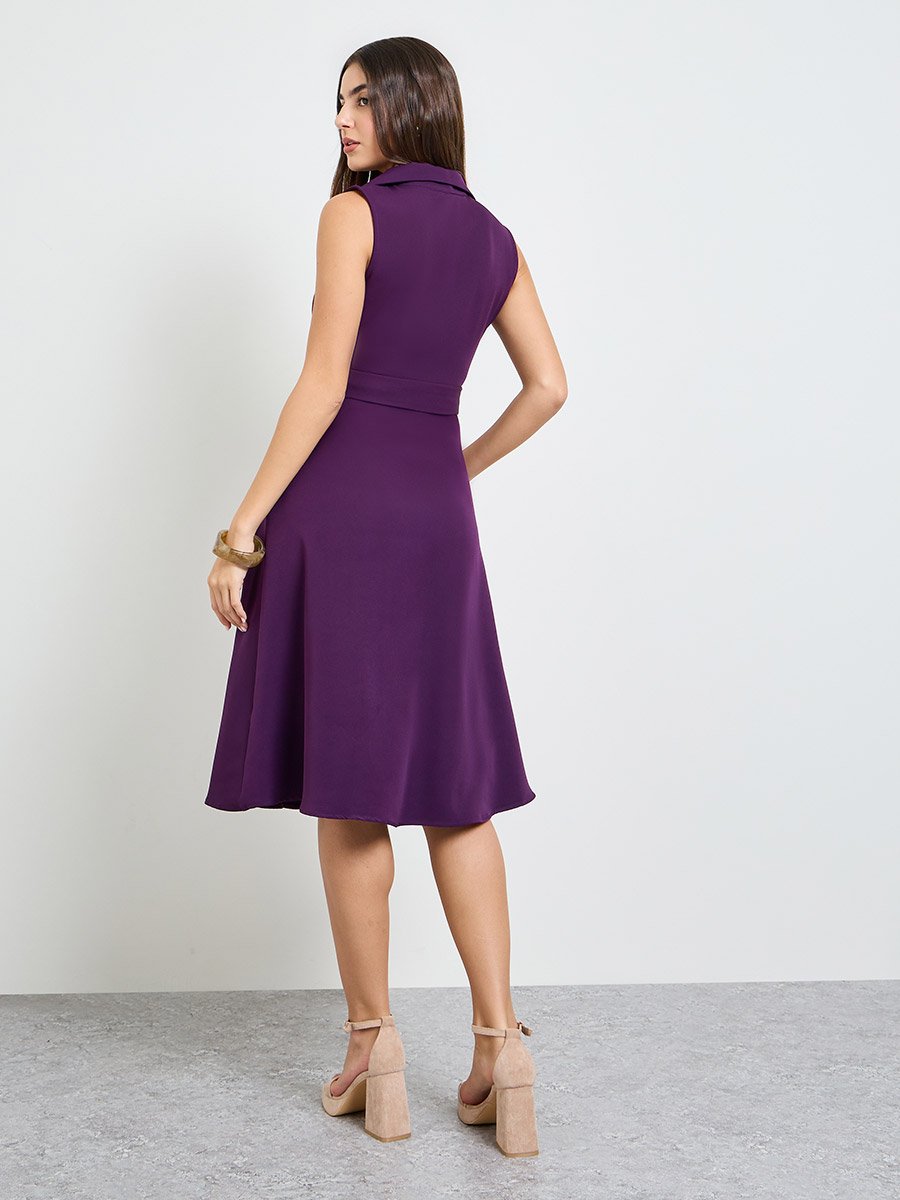 Purple Sleeveless Blazer Midi Dress with Belt