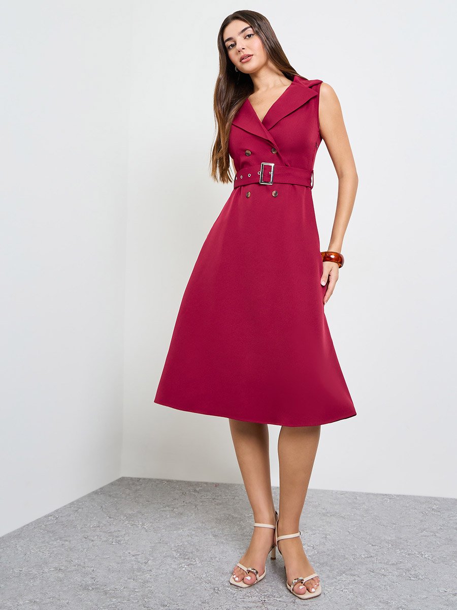 Magenta Sleeveless Blazer Midi Dress with Belt